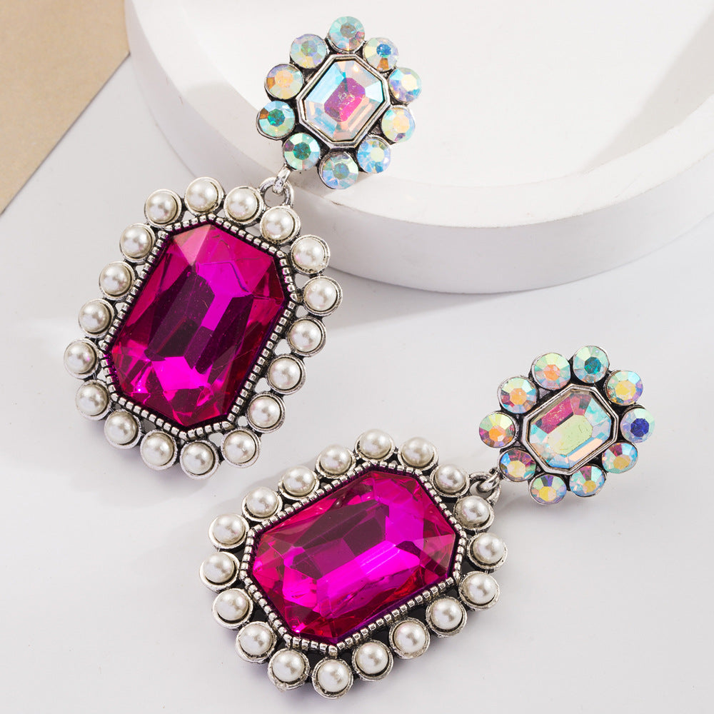 Wholesale Colored diamond exaggerated Bohemian inlaid pearl turquoise earrings